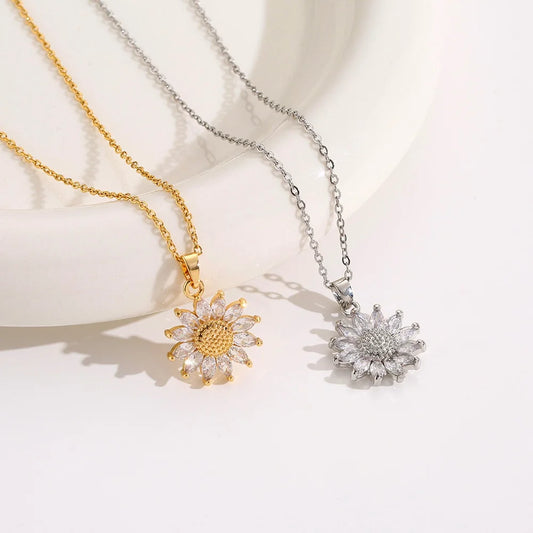 Luckacco Classic Sunflower Cubic Zirconia Pendant Necklaces For Women Gold Color Alloy Rotate Necklace Daily Jewelry