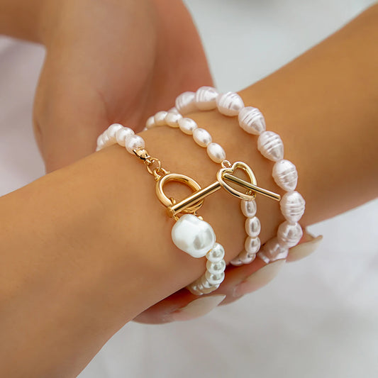Luckacco Vintage Imitation Pearl Heart OT Buckle Pendant Bracelet for Women Wed Bridal Bead Chain Bangles Couple Hand Jewelry New