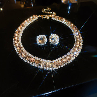 Luckacco Luxury Green Rhinestone Necklace Stud Earrings For Women Crystal Choker Necklaces Ladies Fashion Weddings Banquet Jewelry Set