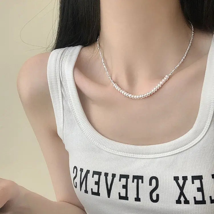 luckacco new trendy fashion 925 silver pearl simple elegant thin chain pendant necklace for women girl jewelry dropship
