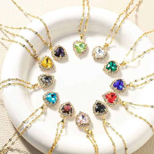 Luckacco Stainless Steel Chain Classic Shiny Colorful Zircon Heart Pendant Necklace for Women Lady Vintage Jewelry Accessories Gifts