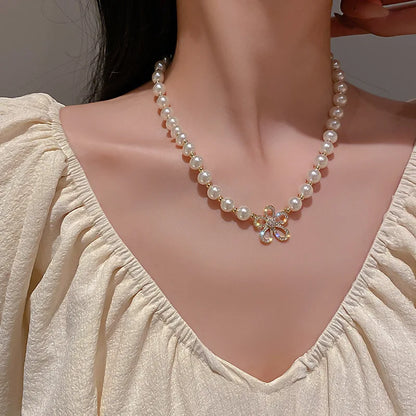 Luckacco 2023 New Fashion Trend Unique Design Delicate Vintage Zircon Flower Pearl Necklace Women Jewelry Wedding Party Premium Gift