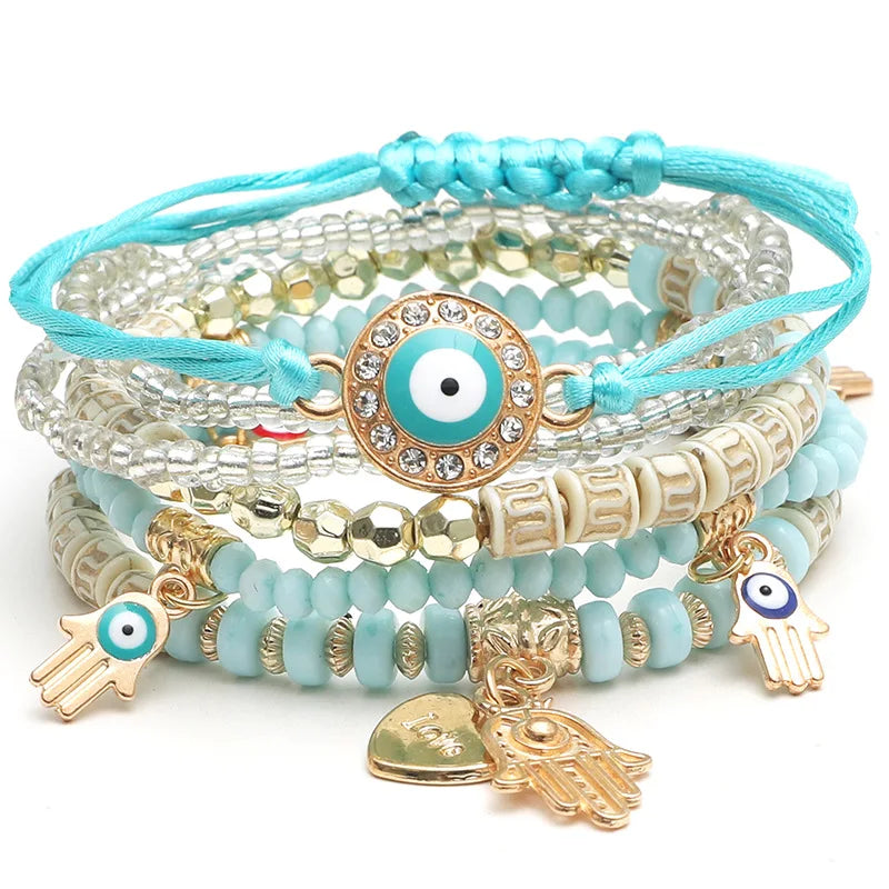 luckacco 6pcs/set bohemian evil eye bracelet set for women fatima hand heart charm beaded rope chain bangle female jewelry gift