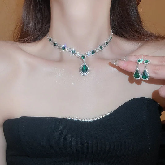 Luckacco Shiny Crystal Necklace Earrings Women's Fashion Big Water Droplet Rhinestone Necklaces Wedding Evening Dress Jewelry Set