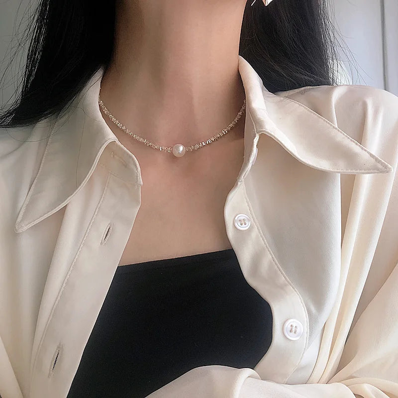 luckacco popular 925 sterling silver fashion round pearl necklace for women fine jewelry wedding party birthday gift