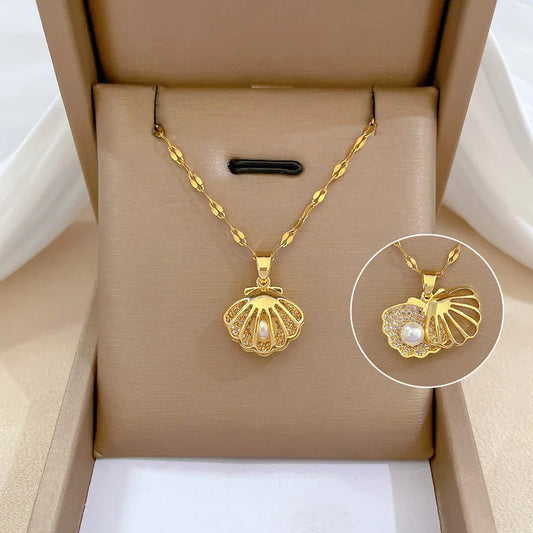 Luckacco picks French Shell Pearl Necklace For Women Gold Color Stainless Steel Zircon Love Heart Clavicle Chain Choker Wedding Jewelry