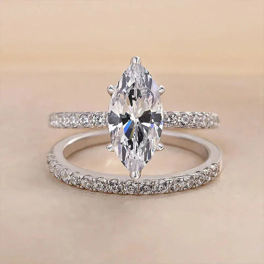 Luckacco CAOSHI 2Pcs/Set Luxury Wedding Rings for Women Bright Marquise Zirconia Finger Jewelry Gorgeous Fashion Silver Color Accessories