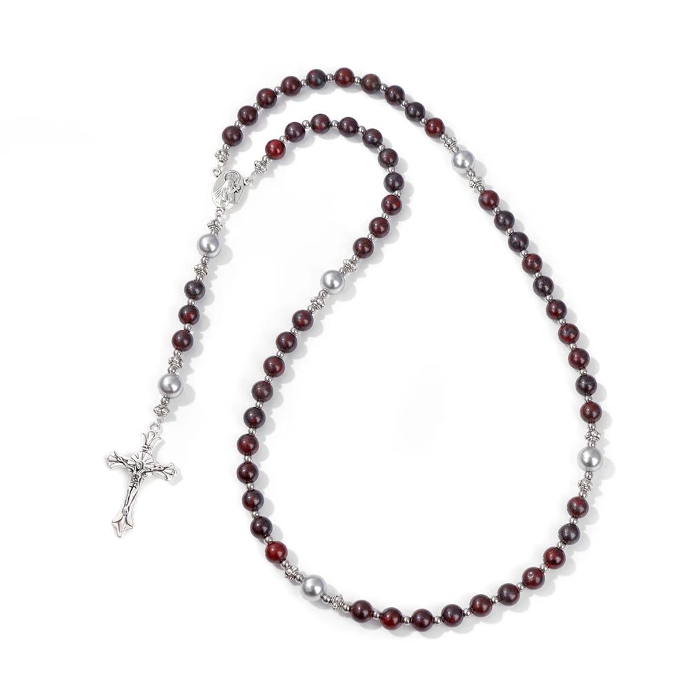luckacco catholic jesus cross bracelet men religious prayer rosary bangle 50cm natural african turquoises lava gem stone bead bracelet