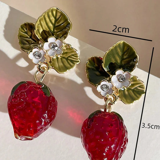 Luckacco Obega Girls Cute Strawberry Drop Earrings Green Leaves White Flower Red Berry Crystal Stone Earrings ForSummer Jewelry Gift