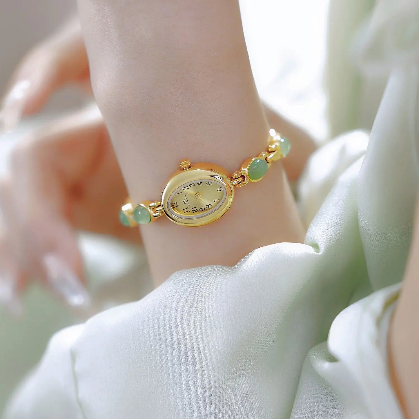 luckacco 2025 women quartz watch luxury brand retro natural dongling stone hotan jade waterproof ladies advanced chain wristwatches gift