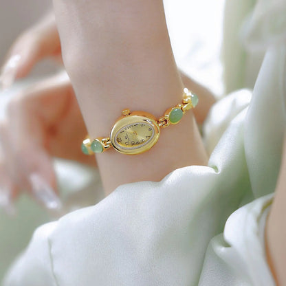 Luckacco 2025 Women quartz Watch Luxury Brand Retro Natural Dongling Stone Hotan Jade Waterproof Ladies Advanced Chain Wristwatches gift