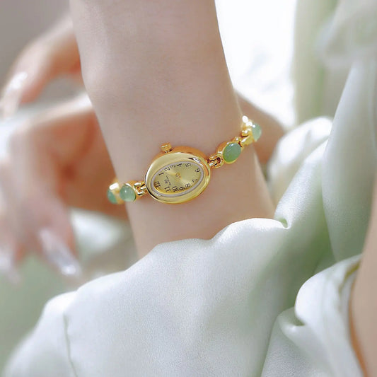 Luckacco 2025 Women quartz Watch Luxury Brand Retro Natural Dongling Stone Hotan Jade Waterproof Ladies Advanced Chain Wristwatches gift
