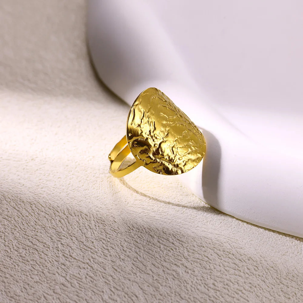 luckacco gold color stainless steel coin ring broad surface elliptical geometry rings fashion elegant jewelry accessories for women gift