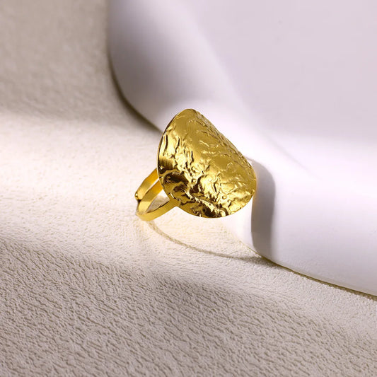 Luckacco Gold Color Stainless Steel Coin Ring Broad Surface Elliptical Geometry Rings Fashion Elegant Jewelry Accessories For Women Gift