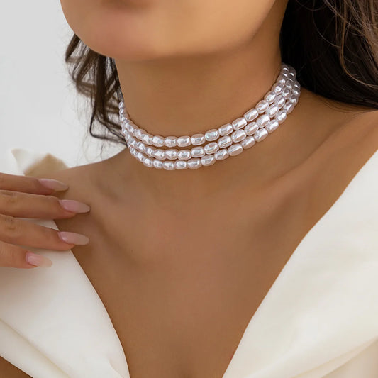 Luckacco Multi-Layer White Imitation Pearl Necklace Bead  Chain Punk Ladies Wedding Short Clavicle Necklac Girl Charm Banquet Jewelry