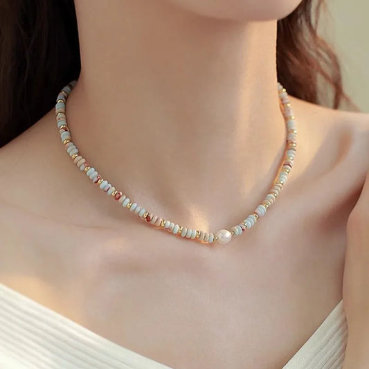 Luckacco Minar Retro Colorful Natural Stone Crystal Freshwater Pearl Strand Beaded Necklace for Women 14K Real Gold Plated Copper Chokers