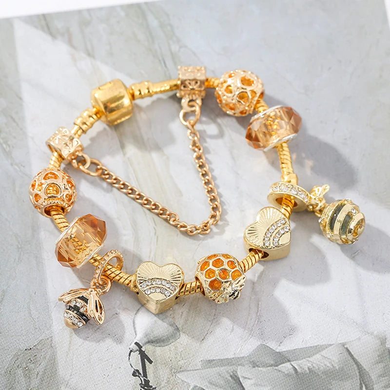 luckacco togory 2024 authentic gold color bees dangles charm bracelet white crystal beads fine bracelet for women kids birthday gifts