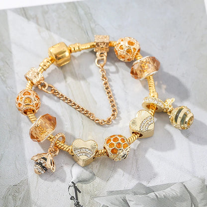 Luckacco TOGORY 2024 Authentic Gold Color Bees Dangles Charm Bracelet White Crystal Beads Fine Bracelet For Women Kids Birthday Gifts
