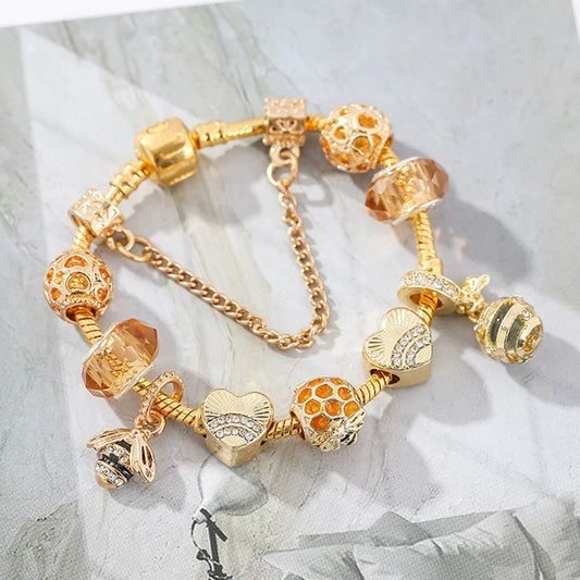 Luckacco TOGORY 2024 Authentic Gold Color Bees Dangles Charm Bracelet White Crystal Beads Fine Bracelet For Women Kids Birthday Gifts