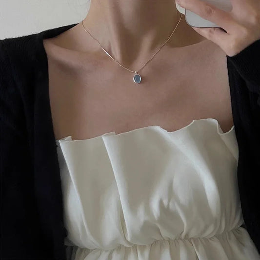 Luckacco PANJBJ 925 Sterling Silver Moonstone Necklace for Women Girl Individuality Geometric Simple Jewelry Birthday Gift