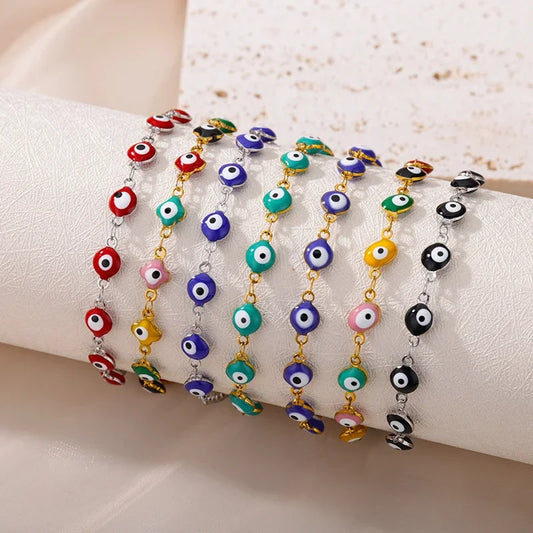 Luckacco Stainless Steel Evil Eye Bracelets For Women Men Enamel Round Chain Blue Evil Eye Hand Bracelet Summer Beach Jewelry Gift 2024