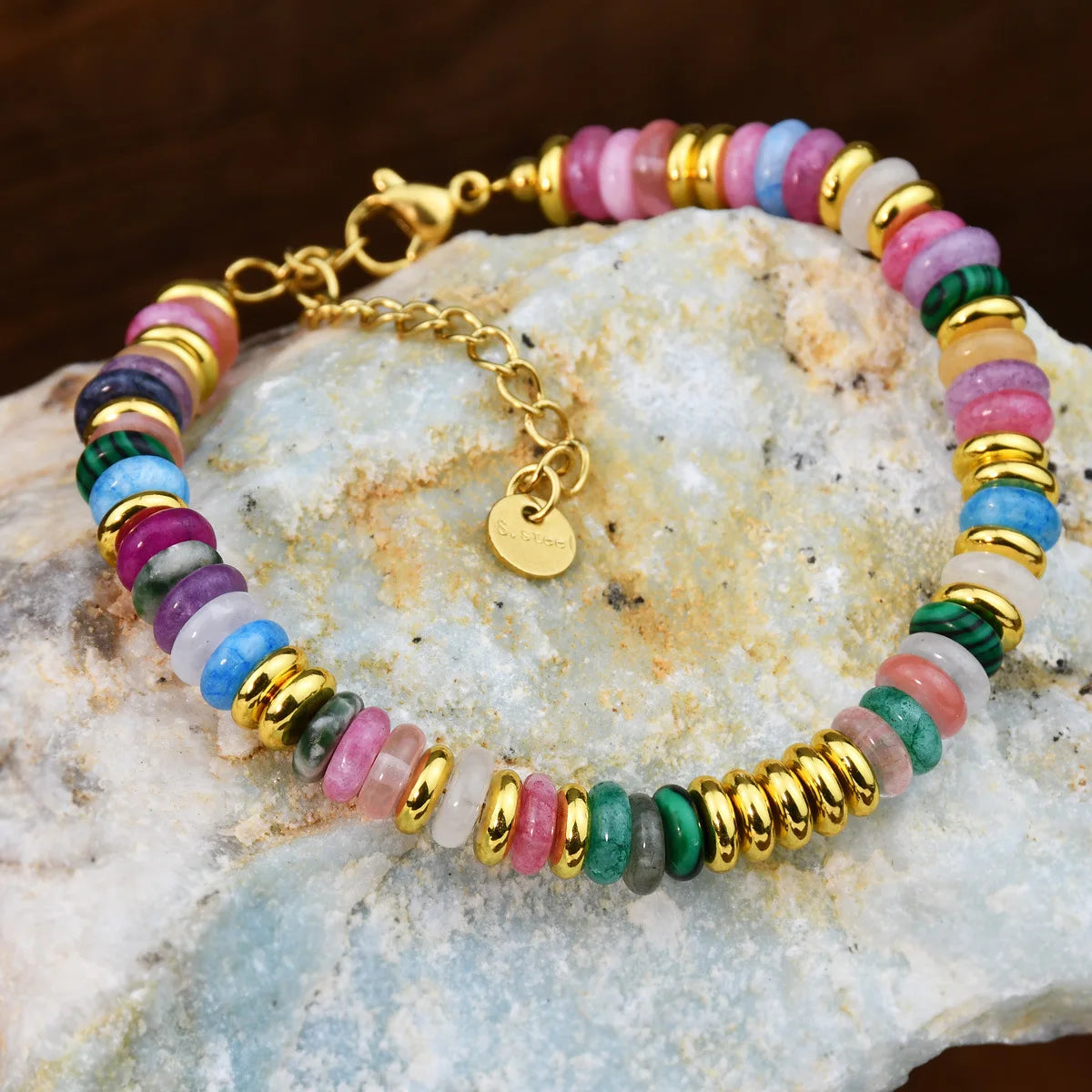 luckacco fashion dopamine colored natural stone adjustable bead bracelets women's light luxury high-end pebble bracelet jewelry