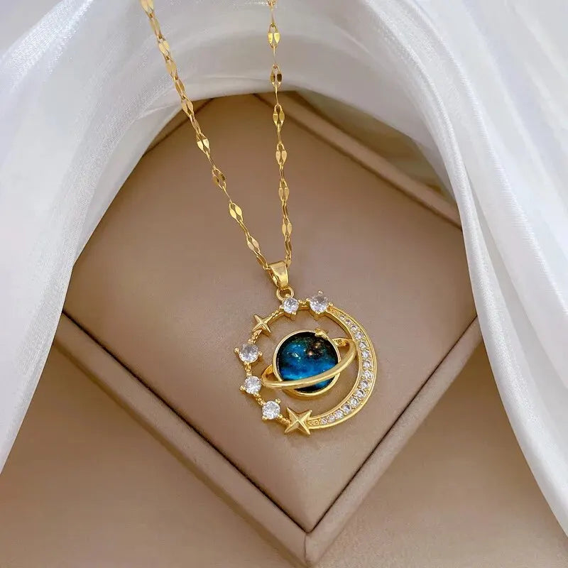 luckacco light luxury titanium steel star series necklace for women gold color planet moon astronaut pendant necklaces jewelry gifts