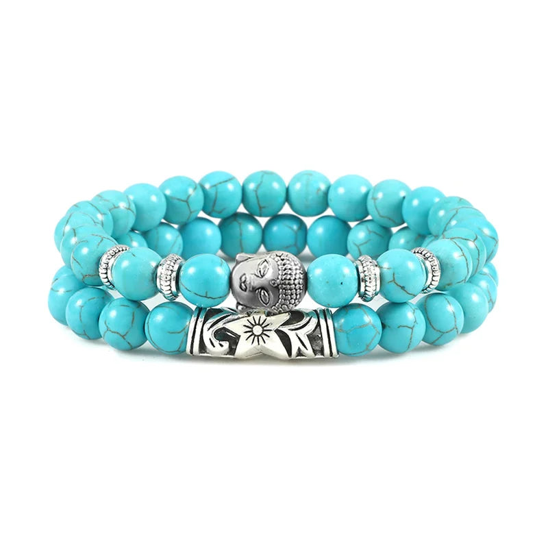 luckacco 2pcs/set buddha head bracelet for women men natural tiger eye lava stone yoga beads distance bracelets charm couple jewelry gift