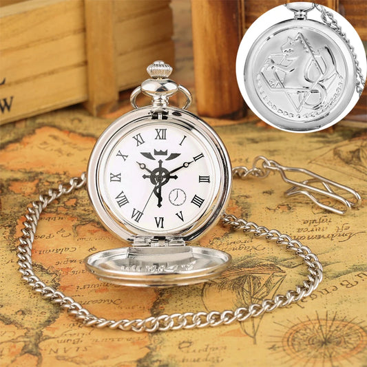 Luckacco Antique Fullmetal Alchemist Quartz Anime Pocket Watch Cosplay Edward Elric Clock Design Pendant Necklace Chain Vintage Chain