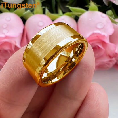 Luckacco iTungsten 10mm 12mm Big Finger Ring Mens Tungsten Flat Engagement Wedding Band With Center Brushed Polished Finish Comfort Fit