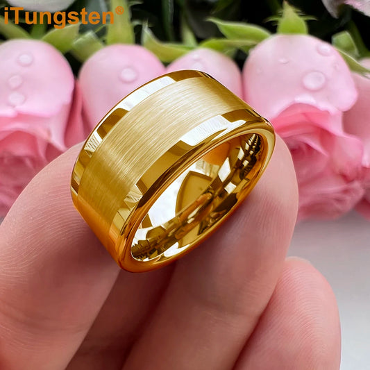 Luckacco iTungsten 10mm 12mm Big Finger Ring Mens Tungsten Flat Engagement Wedding Band With Center Brushed Polished Finish Comfort Fit