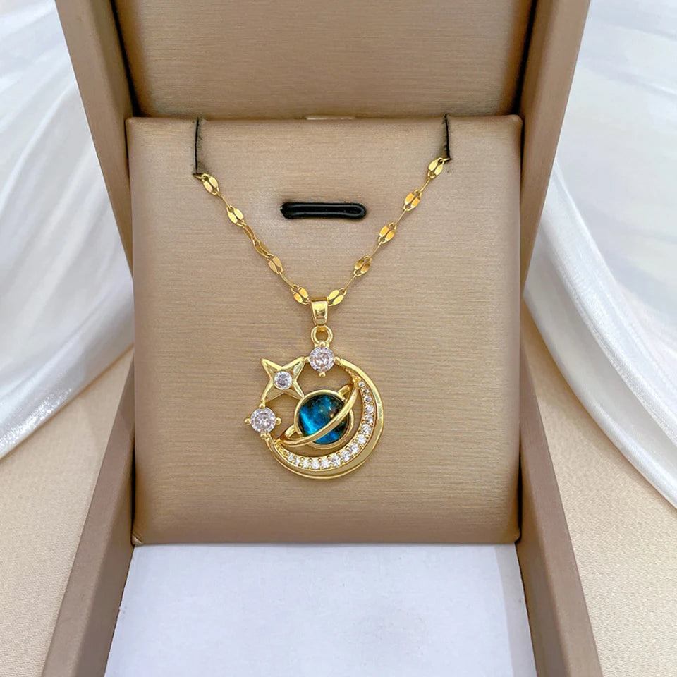 luckacco light luxury titanium steel star series necklace for women gold color planet moon astronaut pendant necklaces jewelry gifts