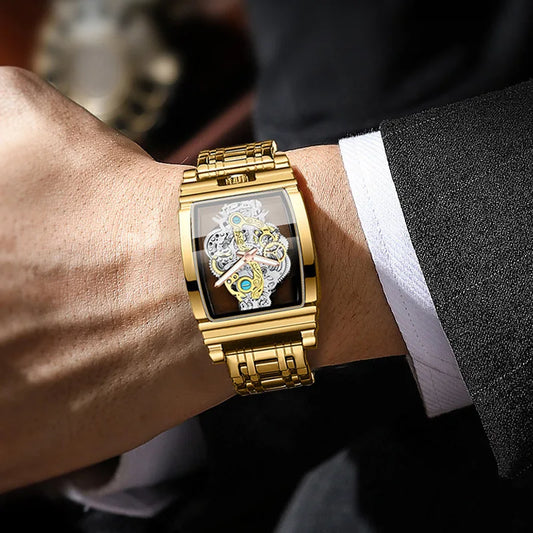 Luckacco UTHAI L44 Men's Watch Fashion Hollow Carved Large Dial Barrel Waterproof Clock Steel Band Male's Business Quartz Watches