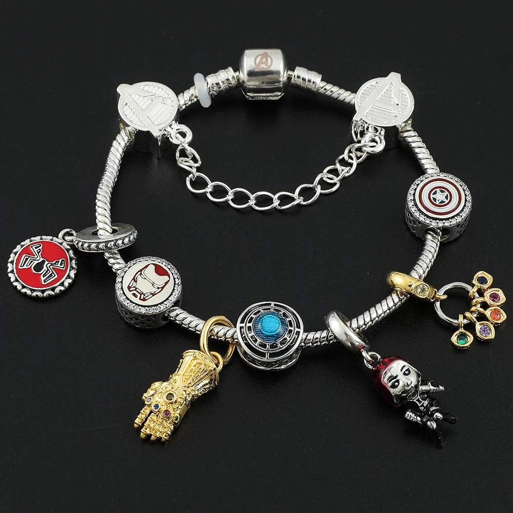 luckacco marvel superhero iron man pendant bracelet, avengers infinity stones, thor's hammer, aesthetic crystal beads, brand jewelry