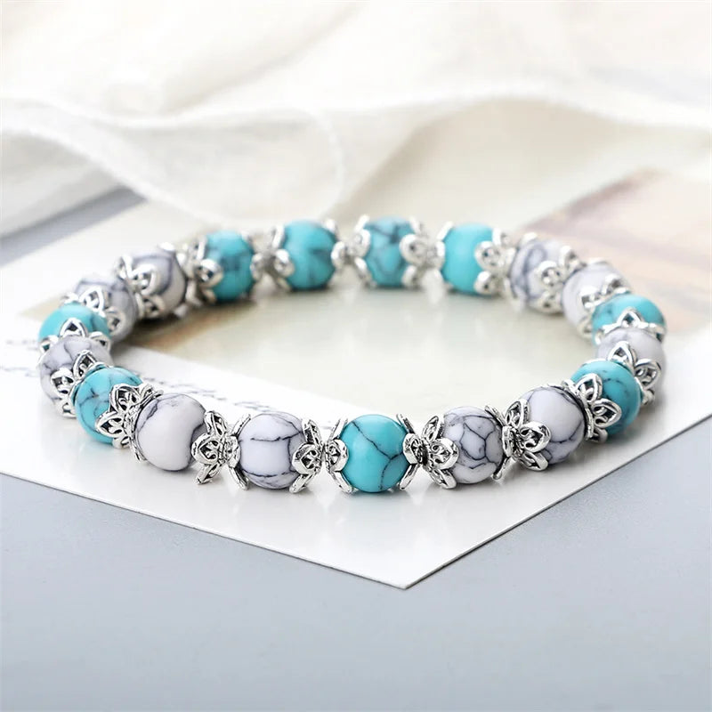 luckacco 8mm white howlite stone women bracelet metal spacer charm natural agates pink rose quartz beads bracelets for men jewelry gifts