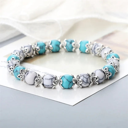 Luckacco 8mm White Howlite Stone Women Bracelet Metal Spacer Charm Natural Agates Pink Rose Quartz Beads Bracelets for Men Jewelry Gifts