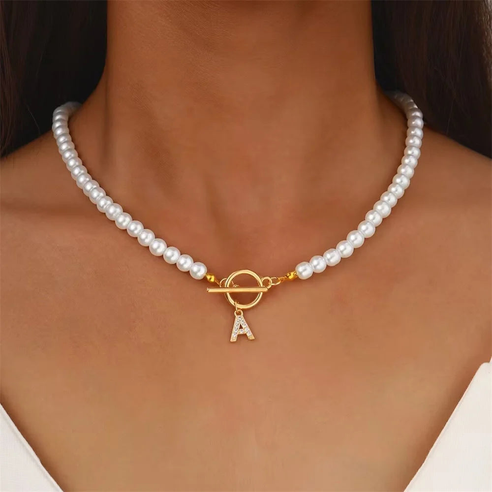 luckacco plastic pearl chain obuckle necklace set with crystal  26 letter pendant collarbone chain name necklace