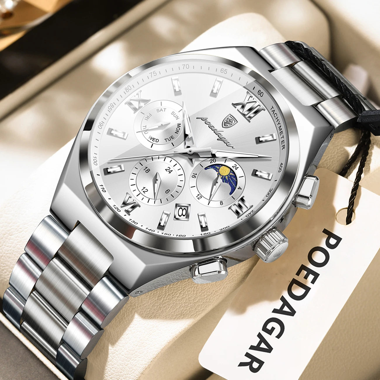 luckacco poedagar luxury sport man wristwatch original luminous week date watch for men stainless steel men's quartz watches reloj hombre