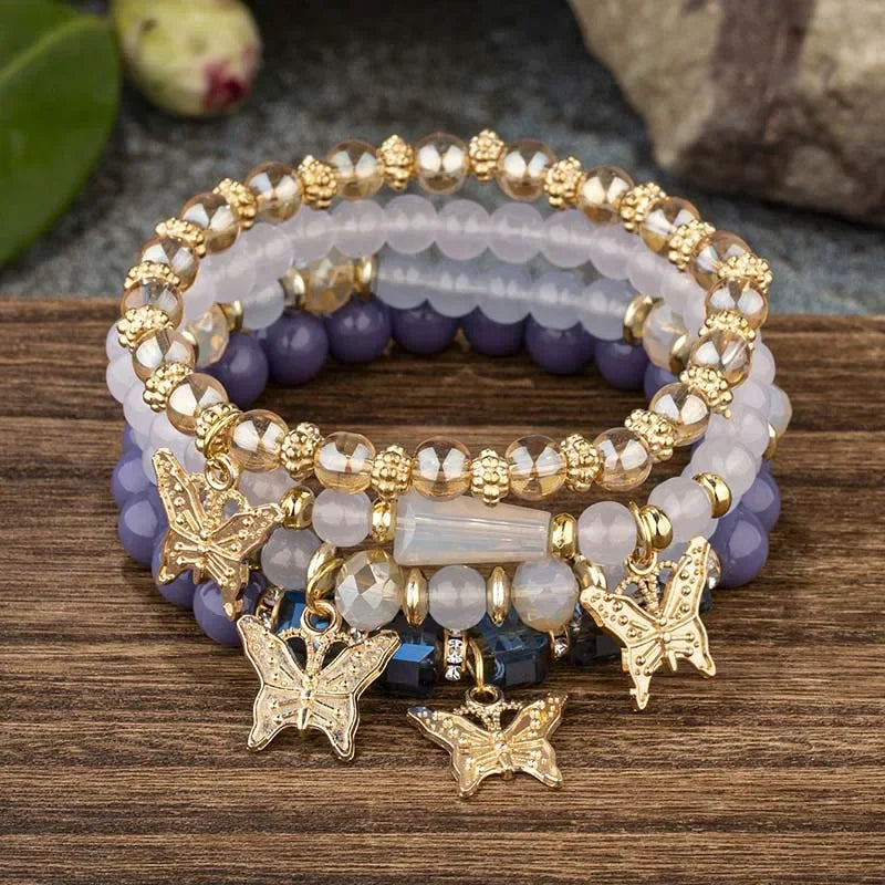 luckacco 4pcs trendy butterfly beaded bracelet set for women pink acrylic beads elastic chain bangle female bohemian party jewelry gift