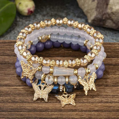 Luckacco 4Pcs Trendy Butterfly Beaded Bracelet Set For Women Pink Acrylic Beads Elastic Chain Bangle Female Bohemian Party Jewelry Gift