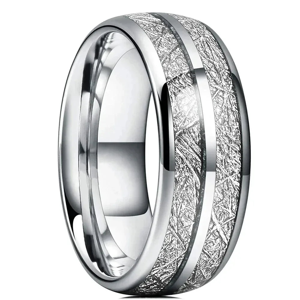 luckacco fashion 8mm silver color stainless steel rings for men double groove meteorite inlay dome men finger ring wedding band jewelry