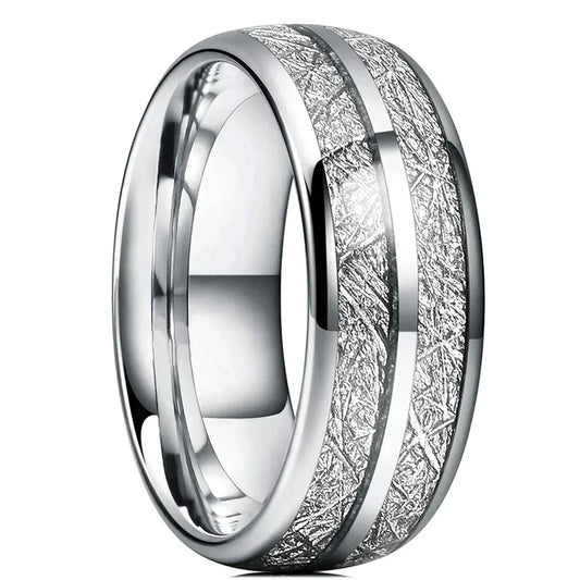 Luckacco Fashion 8mm Silver Color Stainless Steel Rings for Men Double Groove Meteorite Inlay Dome Men Finger Ring Wedding Band Jewelry