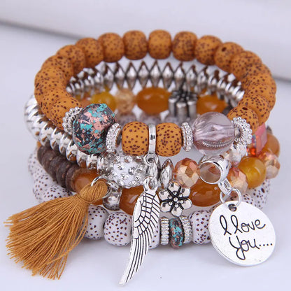 Luckacco DIEZI Bohemian Multicolor Pink Crystal Beads Bracelets Women Girls Elastic Tassel Wing Letters Rope Bracelet Pulseira Feminina