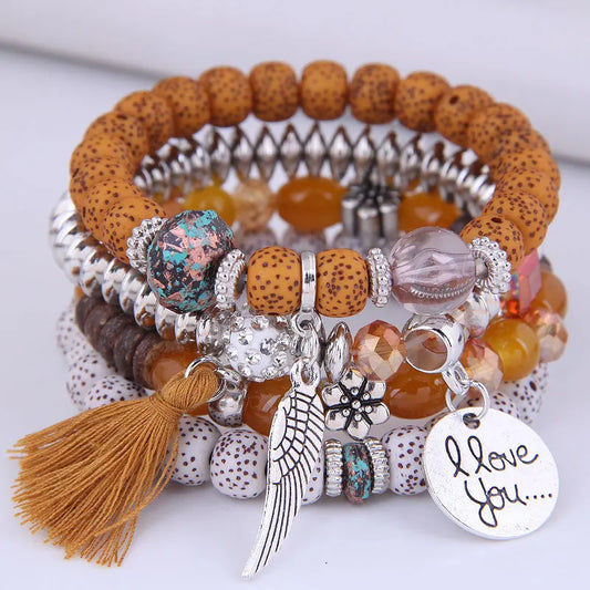 Luckacco DIEZI Bohemian Multicolor Pink Crystal Beads Bracelets Women Girls Elastic Tassel Wing Letters Rope Bracelet Pulseira Feminina