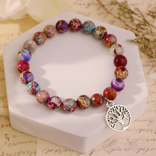 Luckacco Natural Agate Unique Design Tree of Life Beaded Bracelet Women's Jewelry Mom's Christmas Party Favor with Blessing Card
