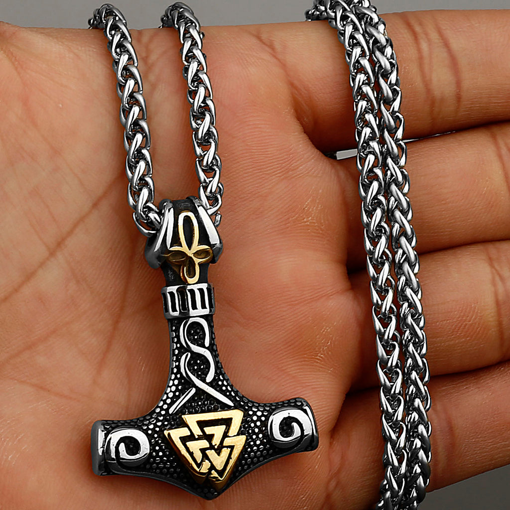 Viking Thor Mjolnir and Valknut Runes Men's Amulet 316L Stainless Steel Pendant Necklace Scandinavian Viking Necklace Gift - luckacco