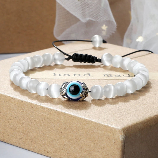 Luckacco Pink Cat Eye Stone Bracelet for Women Men Natural Opal Quartz Chakra Devil's Eye Beads Butterfly Charm Bangle Wrist Jewelry Gift
