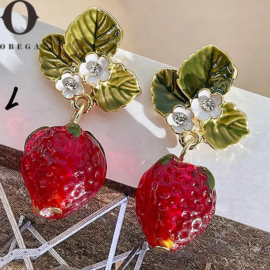 Luckacco Obega Girls Cute Strawberry Drop Earrings Green Leaves White Flower Red Berry Crystal Stone Earrings ForSummer Jewelry Gift
