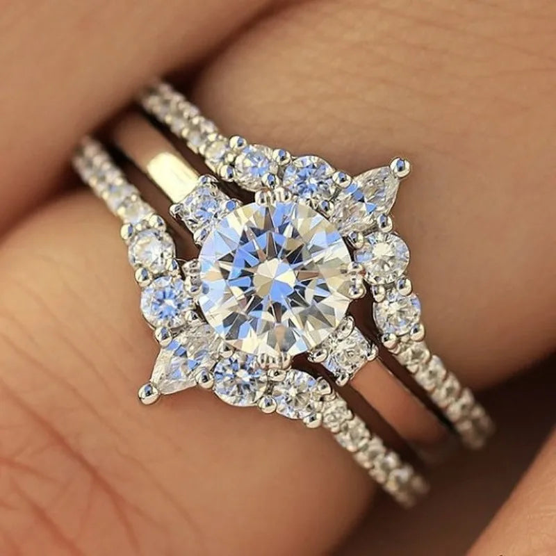 luckacco charm women rings silver color round white stone moon rings set party accessories gift