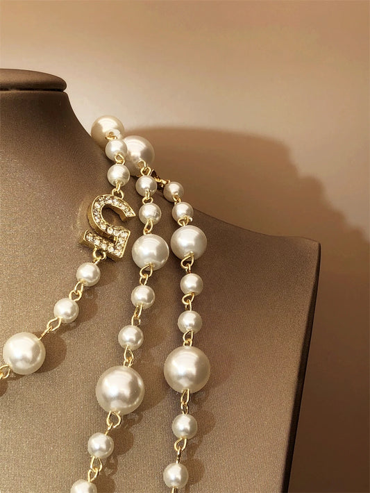 Luckacco Long Pearl Letter Multi layered Tassel Sweater Chain Necklace Jewelry For Women